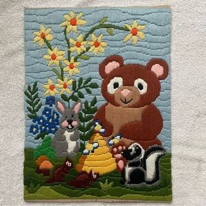 Vintage woodland animal long stitch needlepoint crewel bear skunk fiber art